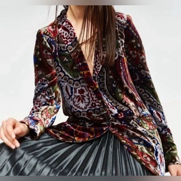 RARE! ZARA Blazer Velvet Paisley Silk Jacket Tops Shirts Suit Jacket Size M - Picture 7 of 7
